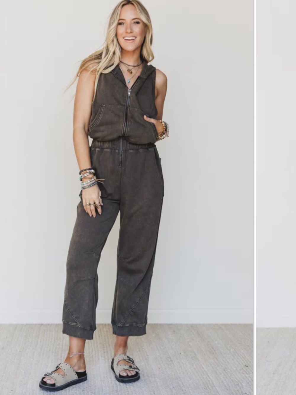 Sleeveless Zip-Front Jumpsuit hooded  in Washed Charcoal